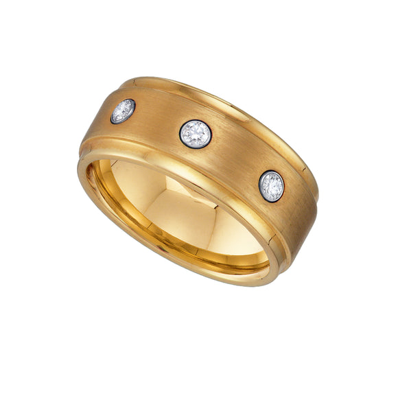 Tungsten CZ Center Brushed Gold-tone Mens Comfort-fit 9mm Size-7 Wedding Band with Step Edges
