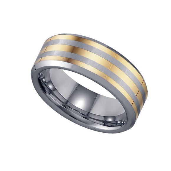 Tungsten Triple Etched Gold-tone Stripes Beveled Edges Mens Comfort-fit 8mm Size-7.5 Wedding Band