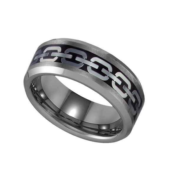 Tungsten Mens Comfort-fit 8mm Size-7.5 Wedding Band with Chain Design Inlay