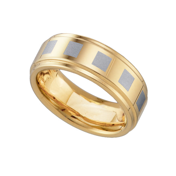 Tungsten Two-tone Polished Laser-itched Squares Comfort-fit 8mm Size-7 Wedding Band