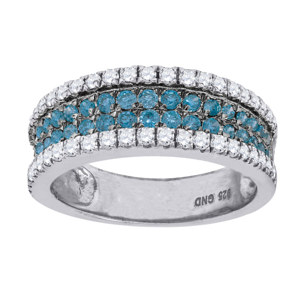 925 Sterling Silver Mens White Blue Cubic-Zirconia 4 Rows Wedding Band Ring Size 8