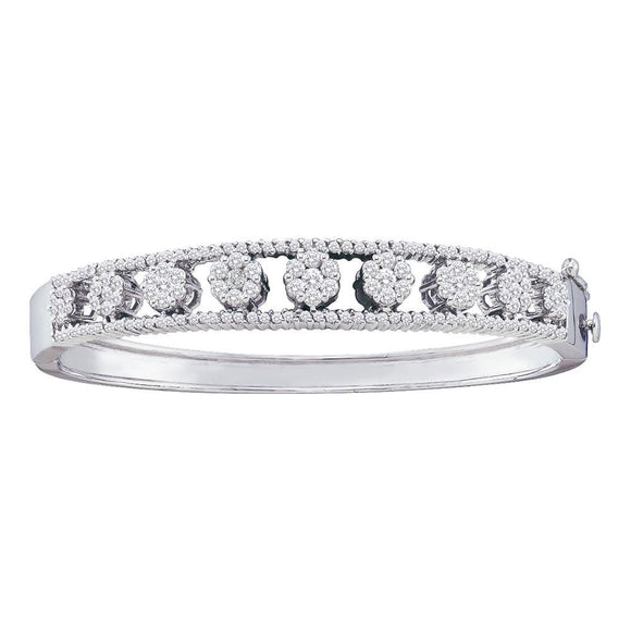 14kt White Gold Womens Round Diamond Bangle Flower Cluster Bracelet 2-3/8 Cttw