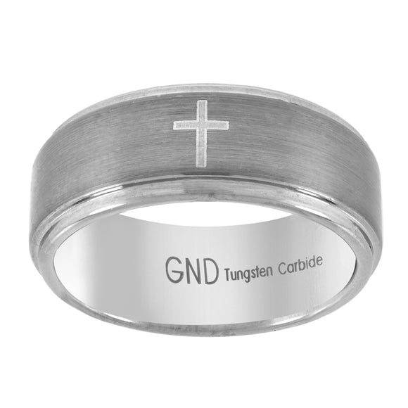 Tungsten Brushed Center Laser Itched Cross Mens Comfort-fit 8mm Size-7 Wedding Band