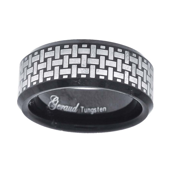 Tungsten Black Polished Laser Itched Mens Comfort-fit 8mm Size-7 Wedding Band