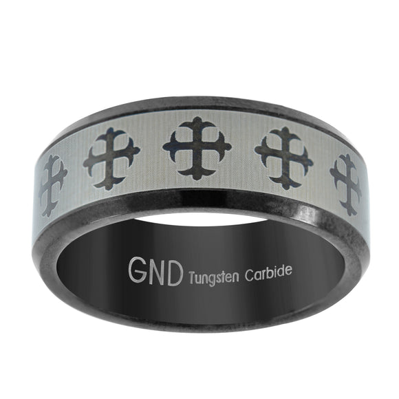 Tungsten Black & White Celtic Cross Laser Itched Mens Comfort-fit 8mm Size-7 Wedding Band