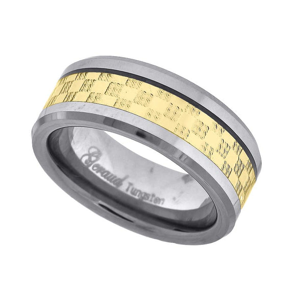 Tungsten Gold-tone Textured Center Mens Comfort-fit 8mm Size-7 Wedding Band