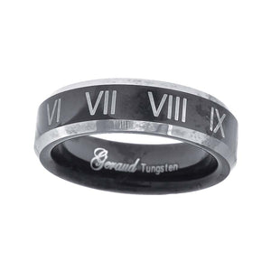 Tungsten Black & White Polished Roman Numbers Mens Comfort-fit 4mm Size-7 Wedding Band