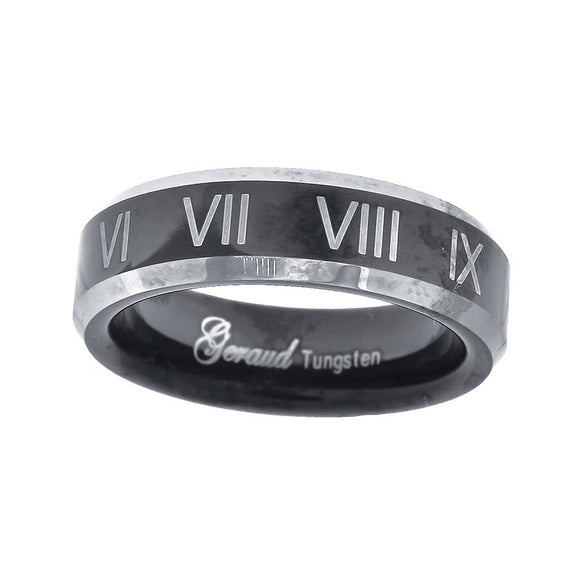 Tungsten Black & White Polished Roman Numbers Mens Comfort-fit 4mm Size-7 Wedding Band