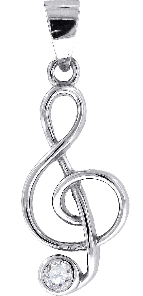 925 Sterling Silver Unisex Cubic Zirconia Note Treble Clef Charm Pendant