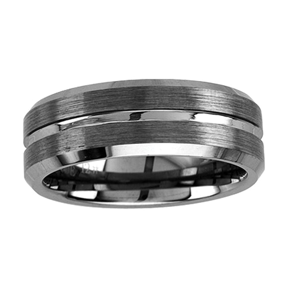 Tungsten Brushed Sides Polished Center Groove Mens Comfort-fit 7mm Size-7 Wedding Band