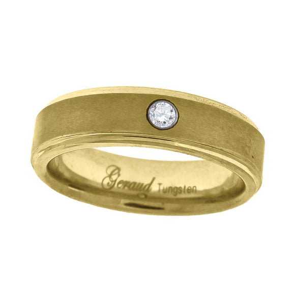 Tungsten Yellow-tone CZ Center Brushed Step Edges Mens Comfort-fit 6mm Size-8 Wedding Band
