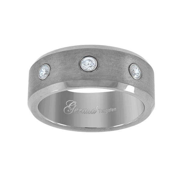 Tungsten CZ Center Brushed Beveled Edges Mens Comfort-fit 8mm Size-8 Wedding Anniversary Band