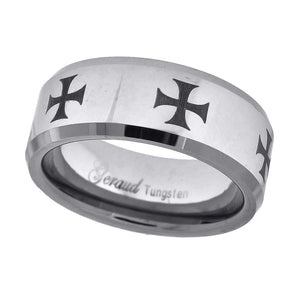 Tungsten Laser Engraved Black Knight Cross Beveled Edges Mens Comfort-fit 8mm Size-7 Wedding Band