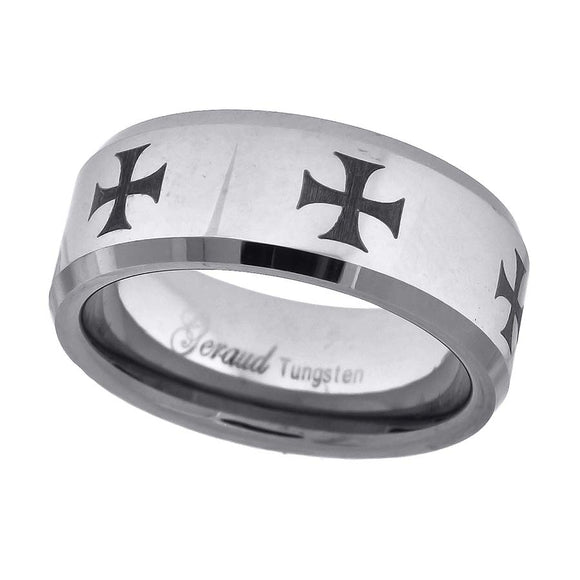 Tungsten Laser Engraved Black Knight Cross Beveled Edges Mens Comfort-fit 8mm Size-7 Wedding Band