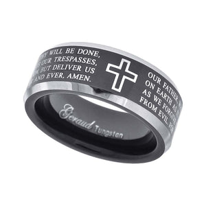 Tungsten Black Christian Cross with Prayer Beveled Edges Mens Comfort-fit 8mm Size-7 Wedding Band