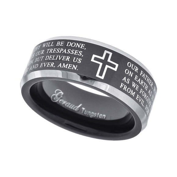 Tungsten Black Christian Cross with Prayer Beveled Edges Mens Comfort-fit 8mm Size-7 Wedding Band