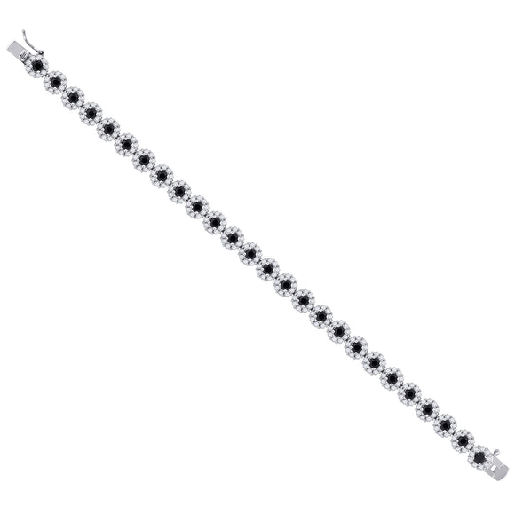 925 Sterling Silver Women Black & White Cubic Zirconia Fancy Tennis Flower Bracelet Size 8 Inches