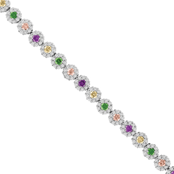 925 Sterling Silver Women Multi-color Cubic Zirconia Fancy Tennis Flower Bracelet Size 8 Inches