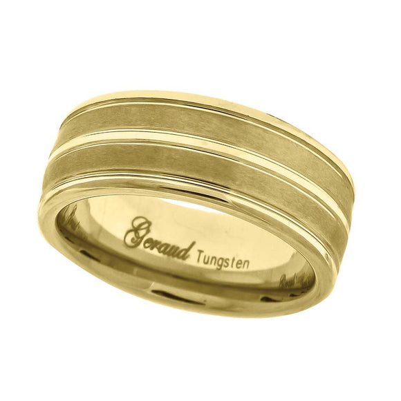 Tungsten Yellow-tone Center Groove Brushed Dome Mens Comfort-fit 8mm Size-8 Anniversary Band