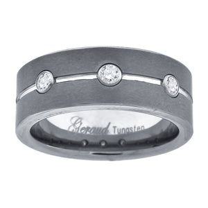 Tungsten Grooved Triple CZ Mens Comfort-fit 8mm Size-7 Wedding Band