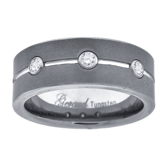 Tungsten Grooved Triple CZ Mens Comfort-fit 8mm Size-7 Wedding Band