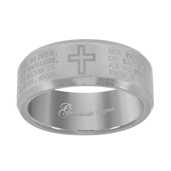 Tungsten Christian Cross with Prayer Mens Comfort-fit 8mm Size-7 Wedding Band with Beveled Edges