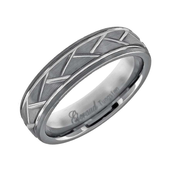 Tungsten Diagonal Cut Grooved Mens Comfort-fit 6mm Size-7 Wedding Band