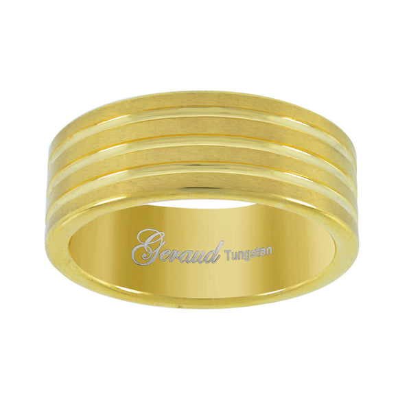 Tungsten Yellow-tone Polished Triple Grooved Mens Comfort-fit 8mm Size-8 Anniversary Band Ring