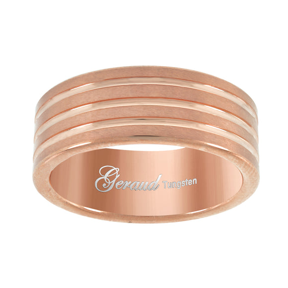 Tungsten Rose-tone Polished Triple Grooved Mens Comfort-fit 8mm Size-8 Anniversary Band Ring