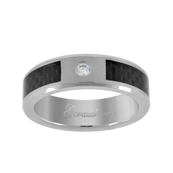 Tungsten CZ Black Carbon Fiber Inlay Mens Comfort-fit 6mm Size-7 Wedding Anniversary Band