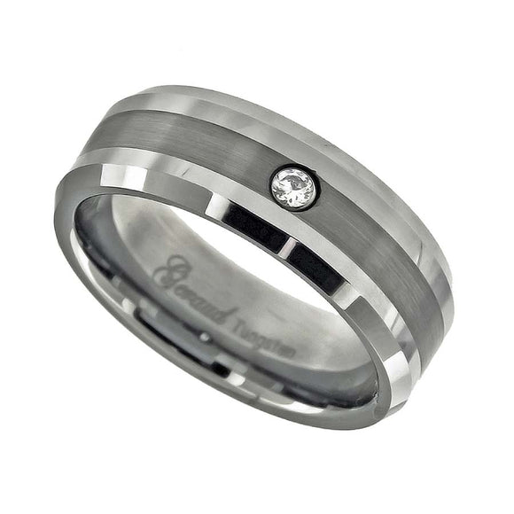 Tungsten CZ Center Brushed Sides Polished Mens Comfort-fit 8mm Size-7 Wedding Anniversary Band