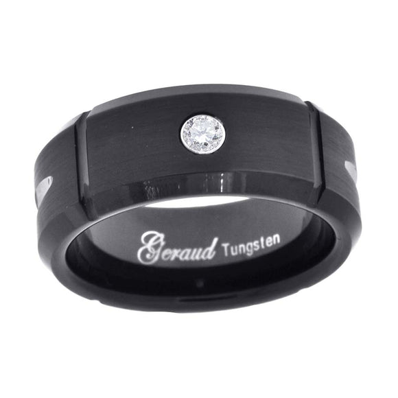 Tungsten Black Multi Grooves CZ Inlay Mens Comfort-fit 8mm Size-7 Wedding Band