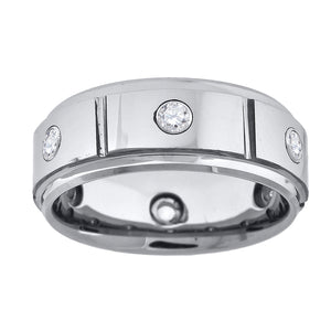 Tungsten Multi-Grooves CZ Inlay Mens Comfort-fit 8mm Size-7 Wedding Band