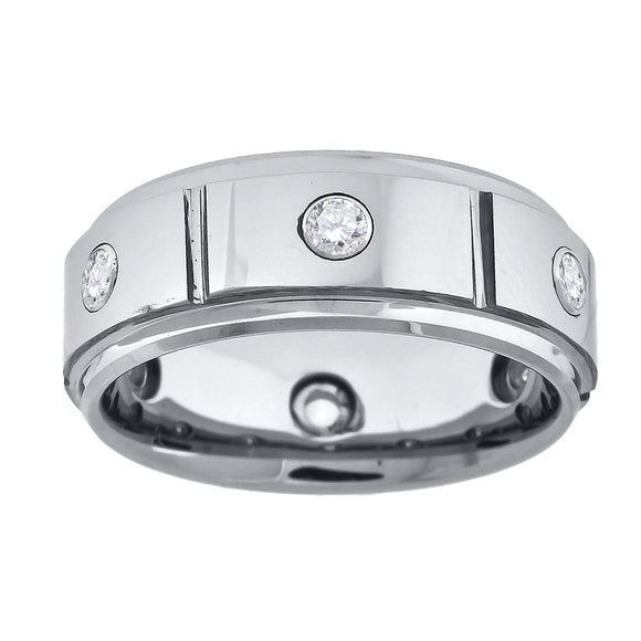 Tungsten Multi-Grooves CZ Inlay Mens Comfort-fit 8mm Size-7 Wedding Band