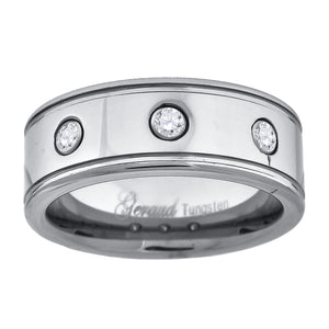 Tungsten CZ Offset Grooves Polished Mens Comfort-fit 8mm Size-7 Wedding Anniversary Band