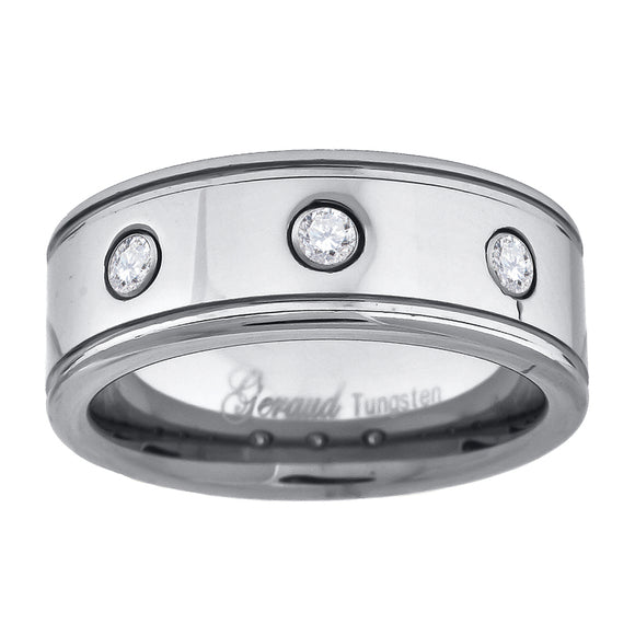 Tungsten CZ Offset Grooves Polished Mens Comfort-fit 8mm Size-7 Wedding Anniversary Band
