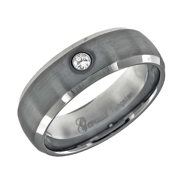 Tungsten Mens CZ Center Brushed Beveled Edges Comfort-fit 8mm Size-7 Wedding Anniversary Band