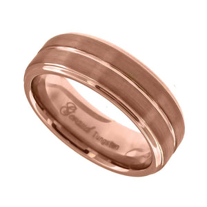 Tungsten Brushed Rose Gold-tone Mens Comfort-fit 8mm Size-7 Wedding Band with Inlay Groove