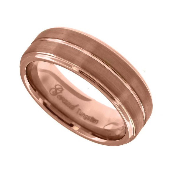 Tungsten Brushed Rose Gold-tone Mens Comfort-fit 8mm Size-7 Wedding Band with Inlay Groove