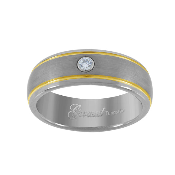 Tungsten Center CZ Mens Comfort-fit 8mm Size-7 Wedding Band with Stepped Edges