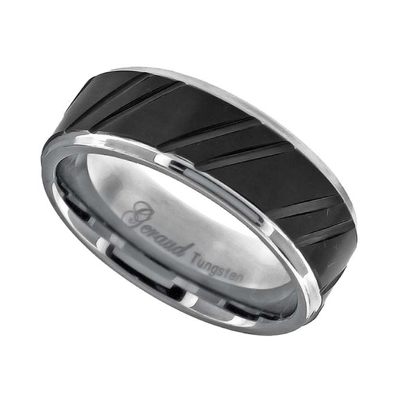 Tungsten Black Center Diagonal Grooves Mens Comfort-fit 8mm Size-7 Wedding Band