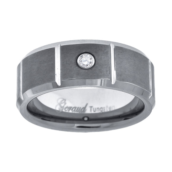 Tungsten Center Brushed Grooved CZ Mens Comfort-fit 8mm Size-7 Wedding Band