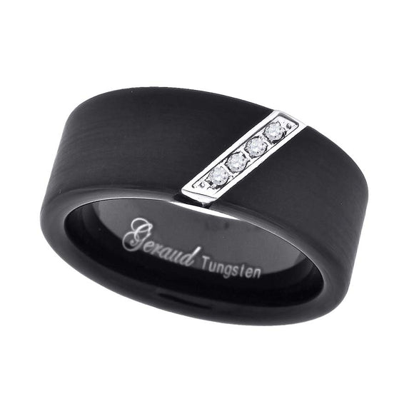 Tungsten Black Matt Diagonal CZ Line Mens Comfort-fit 8mm Size-7 Wedding Band