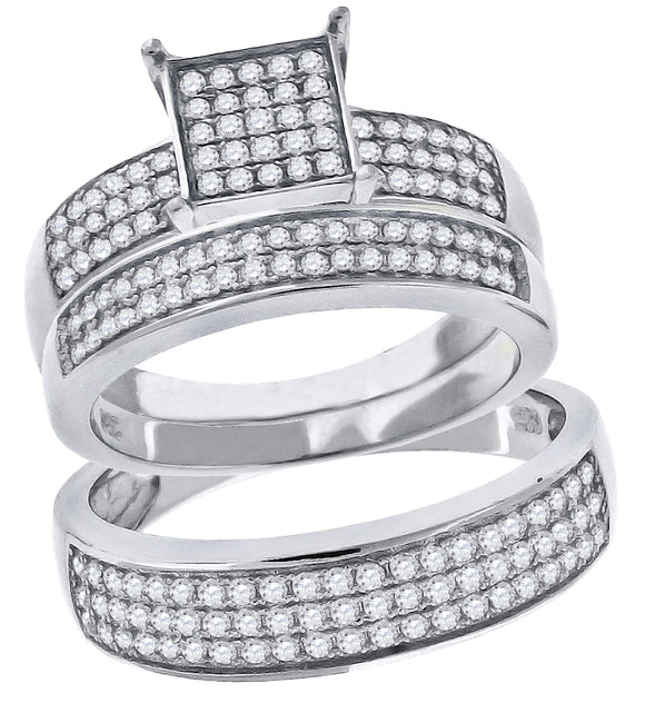 925 Sterling Silver His & Hers Cubic-Zirconia Square Head Trio Ring Set Size 7