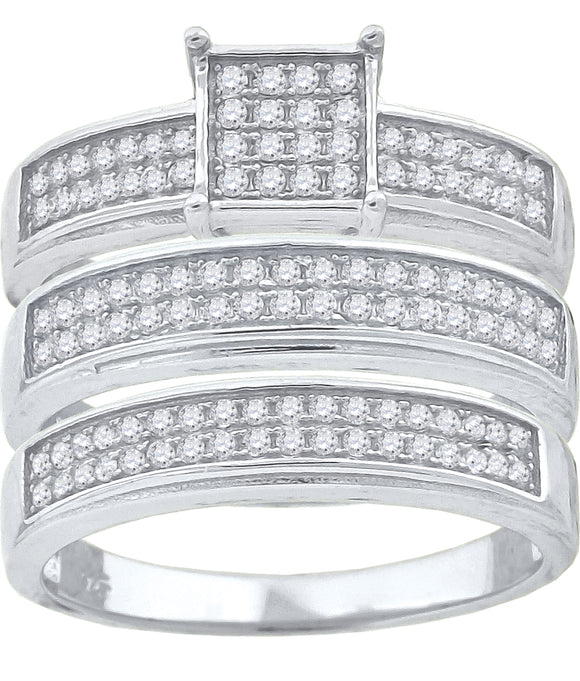 925 Sterling Silver His & Hers Cubic-Zirconia Square Head Trio Ring Set Size 7