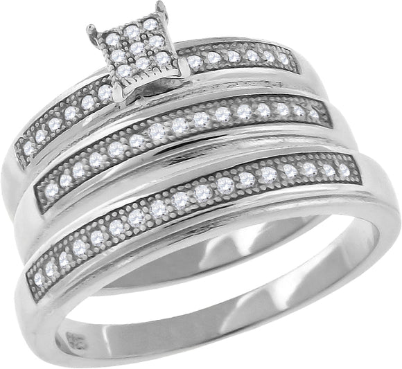 925 Sterling Silver His & Hers Cubic Zirconia Trio Ring Set Size 7