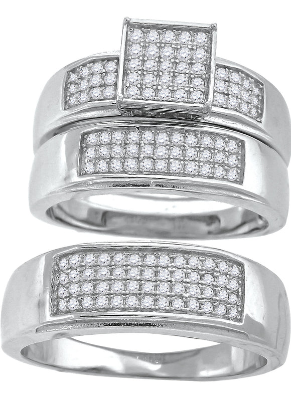 925 Sterling Silver His & Hers Cubic-Zirconia Square Head Trio Ring Set Size 7