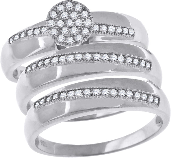 925 Sterling Silver His & Hers Cubic-Zirconia Round Head Trio Ring Set Size 7