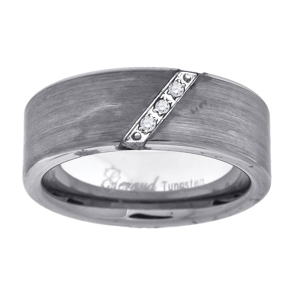 Tungsten Brushed Diagonal CZ Line Mens Comfort-fit 8mm Size-8.5 Wedding Band