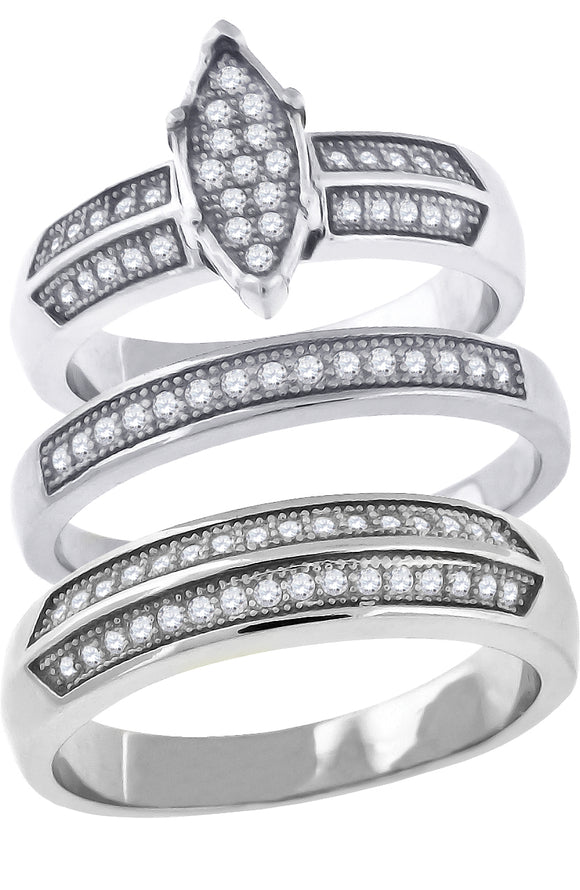 925 Sterling Silver His & Hers Cubic-Zirconia Marquise Head Trio Ring Set Size 6